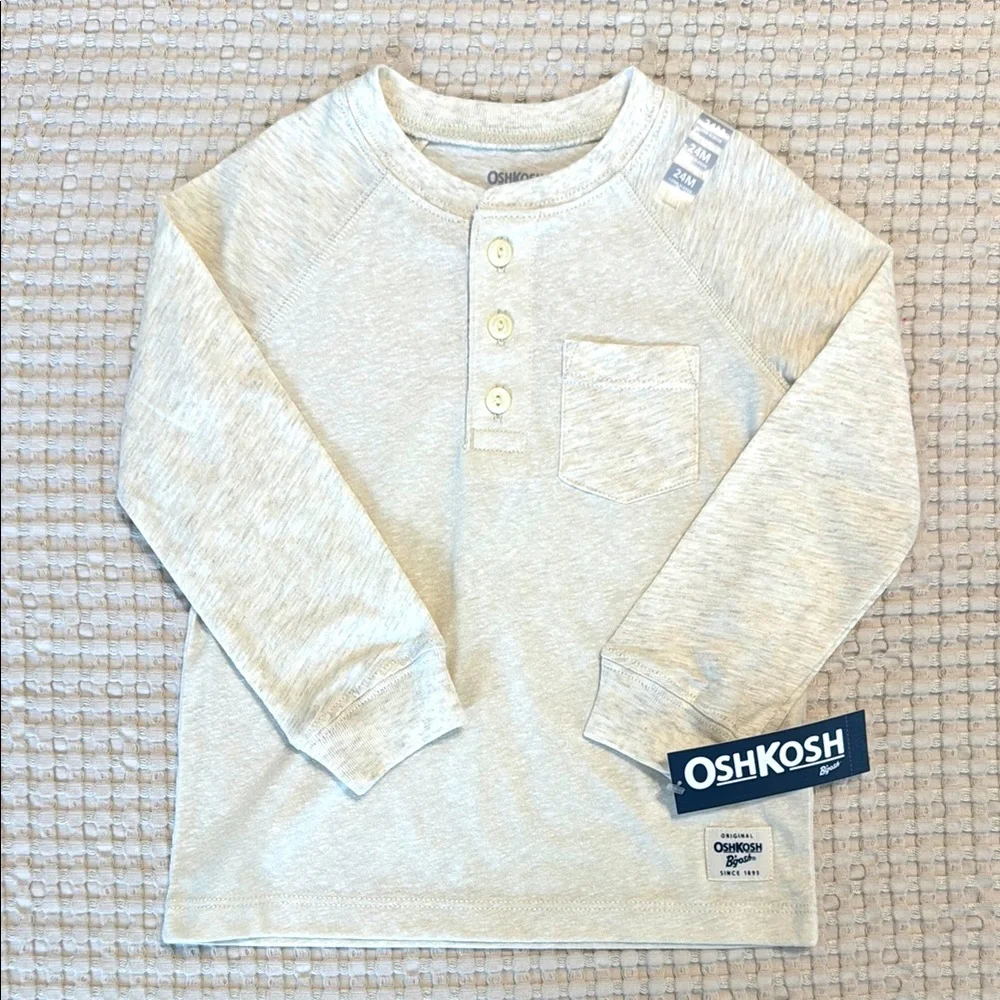 OshKosh B'gosh Boys' Long Sleeve Raglan Henley Button Pocket Tee Tan Oatmeal
